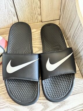 Nike Black Slides with White Swoosh